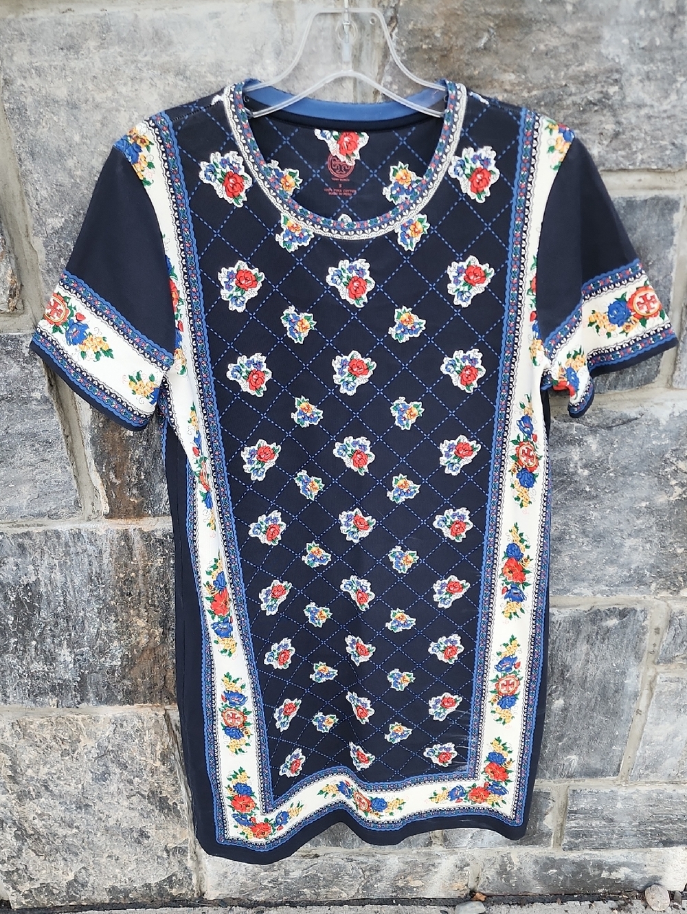 Tory Burch Navy Floral-Panel Short Sleeve Mini Dress